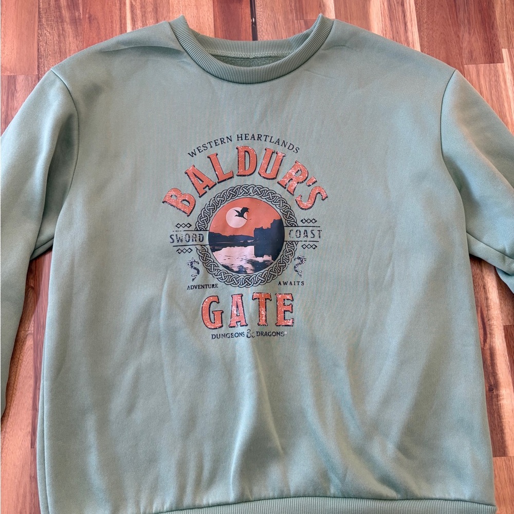 Unisex Sz M Baldur's Gate Graphic Crewneck Pull Over Sweatshirt Sage Green - Picture 2 of 8